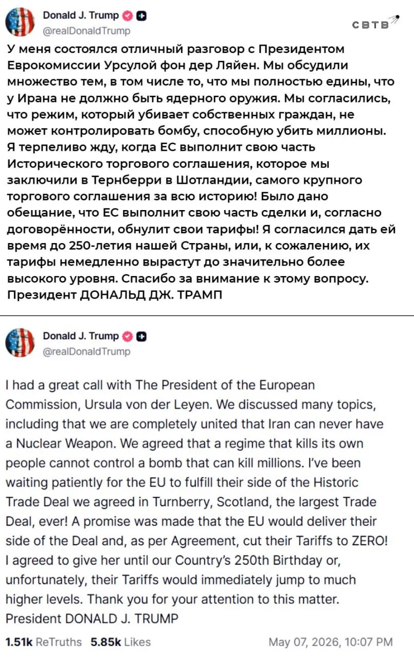 Дональд Трамп дал евробюрократам ещё два месяца для введения беспошлинного режима на американские товары В июле прошлого года было заключено соглашение по которому ЕС должен отменить пошлины на американскую продукцию и расширить инвестиции в страну а также гарантированно закупать у США энергоносители и военную технику Трамп неоднократно заявлял что евробюрократы не выполняют условия его исторической торговой сделки и угрожал введением пошлин Последняя угроза прозвучала шесть дней назад он пообещал ввести тарифы на автомобили из Евросоюза уже на этой неделе В итоге он встретился с председателем Еврокомиссии Урсулой фон дер Ляйен и объявил что срок исполнения его ультиматума вновь переносится Теперь брюссельские чиновники должны принять соответствующие законы до 250 летней годовщины американской независимости 4 июля Задонатить через бота Patreon