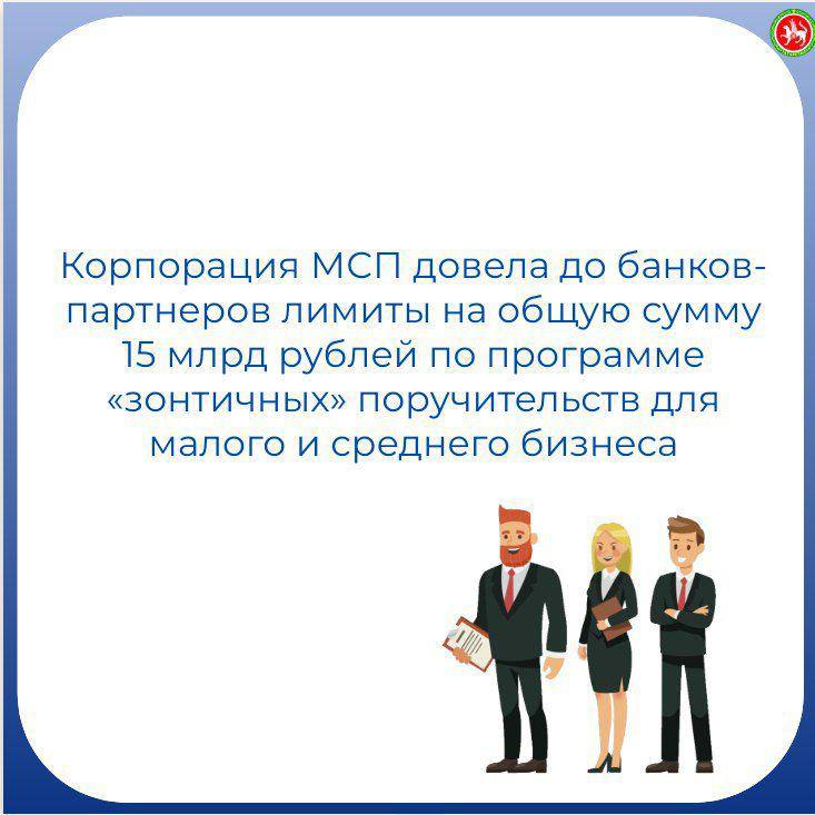 Предприниматели Татарстана  могут  воспользоваться «зонтичными» поручительствами   Корпорация МСП довела до банков-партнеров лимиты на общую сумму 15 млрд рублей по программе «зонтичных» поручительств для малого и среднего бизнеса. Используя этот государственный инструмент для развития бизнеса, предприниматели смогут получить в первом квартале 2025 года не менее 30 млрд рублей кредитов. Механизм «зонтичных» поручительств с 2025 года реализуется по нацпроекту «Эффективная и конкурентная экономика».   В Татарстане предприниматели могут получить финансирование на инвестиционные цели, пополнение оборотных средств, развитие бизнеса и для решения иных задач, обратившись в следующие банки: Сбербанк, Альфа-Банк, Т-Банк, ВТБ, МСП Банк, Промсвязьбанк, Совкомбанк, Банк ДОМ РФ, Банк ГПБ, Уралсиб, Ак Барс Банк, Зенит.   В 2024 году объем поддержки предпринимателей республики с привлечением «зонтичных» госгарантий составил 22 млрд рублей. Регион вошел в 10-ку лидеров по объему кредитов с «зонтичными» поручительствами.   «Зонтичные» поручительства позволяют бизнесу получать необходимое заемное финансирование при отсутствии и недостатке залогов. Этот продукт является одним из наиболее эффективных и востребованных инструментов развития МСП, и включен в обновленную стратегию развития Корпорации МСП, — отметил генеральный директор Корпорации МСП Александр Исаевич. — Планируется, что за счет данного инструмента до 2030 года малый и средний бизнес сможет привлечь не менее 1,3 трлн рублей в виде банковских кредитов».   С 2022 года «зонтичные» поручительства стали основным инструментом гарантийной поддержки Корпорации МСП. Это изменение было реализовано по поручению Президента Владимира Путина.   В конце 2024 года был принят закон о продлении срока реализации механизма «зонтичных» поручительств, без которого каждый третий кредит предприниматели не смогли бы получить.   Напомним, «зонтичные» поручительства Корпорации  покрывают до 50% от суммы банковского кредита. Сумма одного поручительства может достигать 1 млрд рублей при сроке до 10 лет.