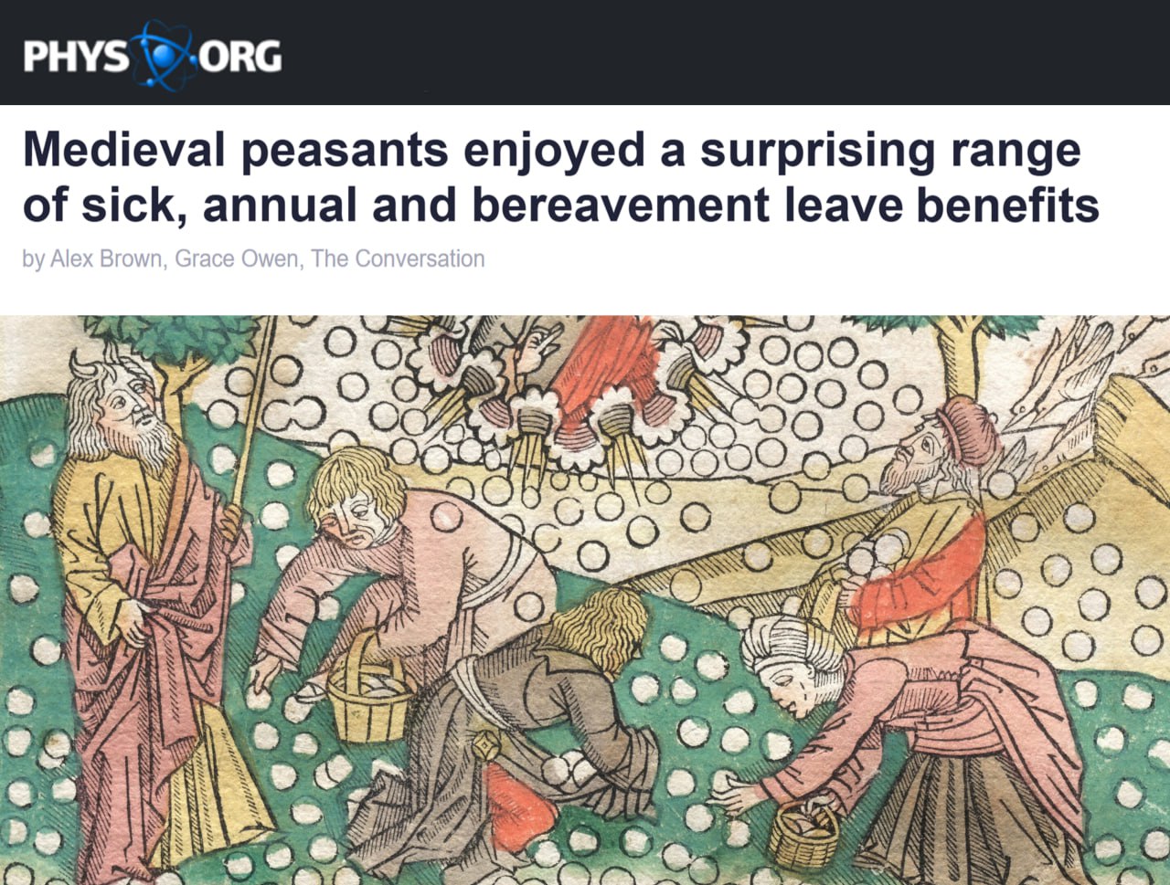 Крестьяне в 1300 годах отдыхали лучше офисников в 2025 им давали больничные по 366 дней 30 дней отпуска после утраты до 30 дней праздников в год посчитали ученые Лорды понимали что нанять замену дороже чем дать человеку восстановиться А сейчас можно ходить на работу с простудой переломом и отдыхать всего 28 дней в году а теперь в поле на созвон хорошего вам понедельника concertzaal