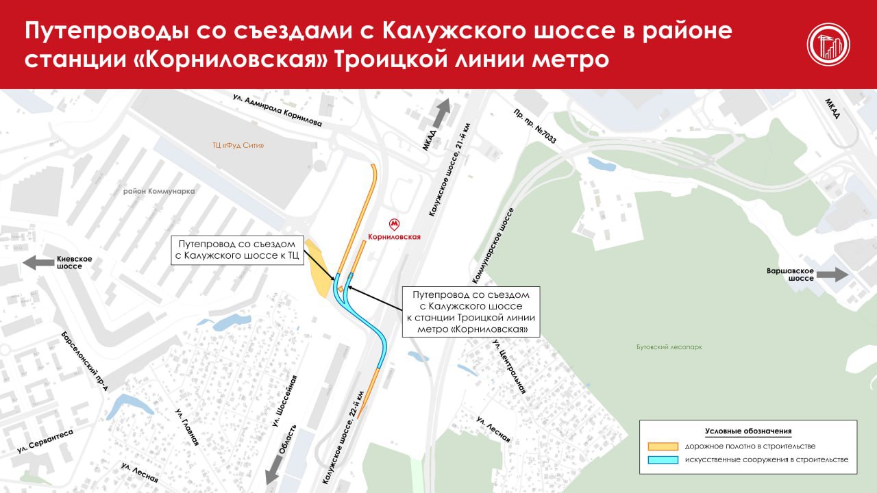 Новая транспортная развязка скоро появится у станции метро «Корниловская», она снизит нагрузку на район Коммунарка и Калужское шоссе, сообщил Сергей Собянин. Работы выполнены уже на 90%, их завершение запланировано на III квартал этого года.   Кроме того, рядом с северным вестибюлем «Корниловской» возведут надземный пешеходный переход через улицу Адмирала Корнилова.   А у станции «Потапово» уже действует надземная крытая пешеходная галерея длиной 29 метров, которая связывает метро с остановкой транспорта на улице Александры Монаховой. При строительстве станция была интегрирована в существующую дорожную сеть.    «Москва»