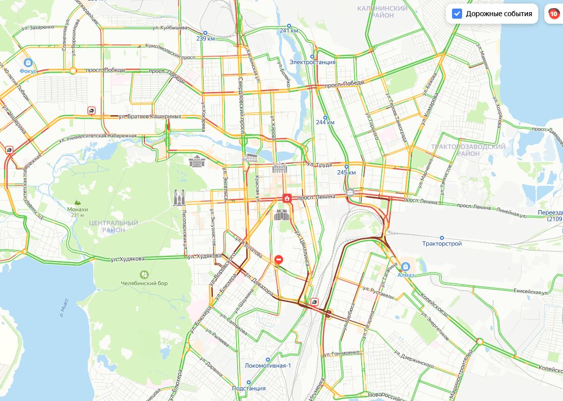 Сегодня вечером в Челябинске образовались десятибалльные пробки. Заторы наблюдаются почти во всех районах. Но сильнее всего движение затрудненно в центре города.