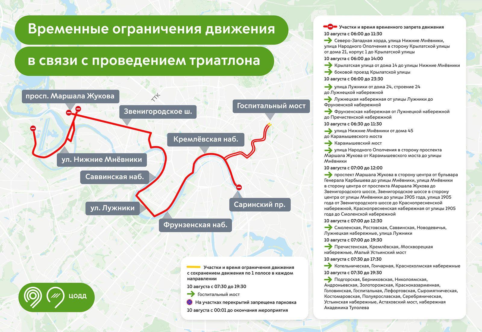 Ряд улиц и набережных в центре сегодня перекрыли из-за проведения соревнований «Лига триатлона & Ironstar Москва 226». До их окончания на участках, где ограничено движение, также запрещена парковка.