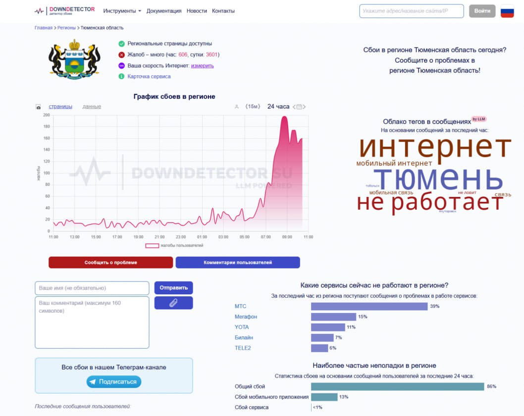 Сбой связи: тюменцы остались без мобильного интернета в праздничный день 12 июня жители Тюмени столкнулись с массовым отключением мобильного интернета. Согласно городским пабликам, о первых сбоях тюменцы стали сообщать с 4 утра. Проблемы наблюдаются у всех крупных операторов: «Мегафон», Yota, МТС, «Билайн» и другие. Особенно остро ситуация ощущается в центре города, в районе Дома Обороны, ТРЦ «Кристалл», Ново-Патрушева, Завода медоборудования и восточных микрорайонах. Издание «Тюменская область сегодня» направила официальные запросы по ситуации в УМВД России по Тюменской области и в инфоцентр правительства региона. Ответы ожидаются. Сталкивались ли вы сегодня с проблемами мобильного интернета? — да — нет Фото: downdetector.su