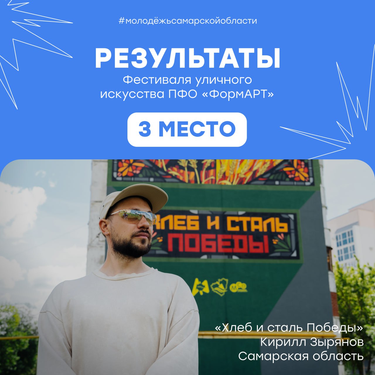 Самарская область в тройке лучших на фестивале ФормАрт   25 сентября в рамках торжественной церемонии закрытия фестиваля ФормАРТ наградили лучших граффити художников Приволжского федерального округа В течение трёх дней фестиваля участники окружного финала создавали масштабные арт объекты в парке имени Кирова посещали лекции по современному искусству и профессиональному развитию а также знакомились с культурным наследием Кировской области В число победителей и призёров вошла Самарская область работа Кирилла Зырянова Хлеб и сталь Победы заняла третье место Поздравляем Кирилла и весь регион с попаданием в тройку лучших Победителям и призерам вручены гранты на творческое развитие от 100 до 200 тысяч рублей желаем удачи и неиссякаемых идей в работах Фестиваль уличного искусства ФормАРТ проводится с 2020 года по инициативе полномочного представителя Президента РФ в Приволжском федеральном округе