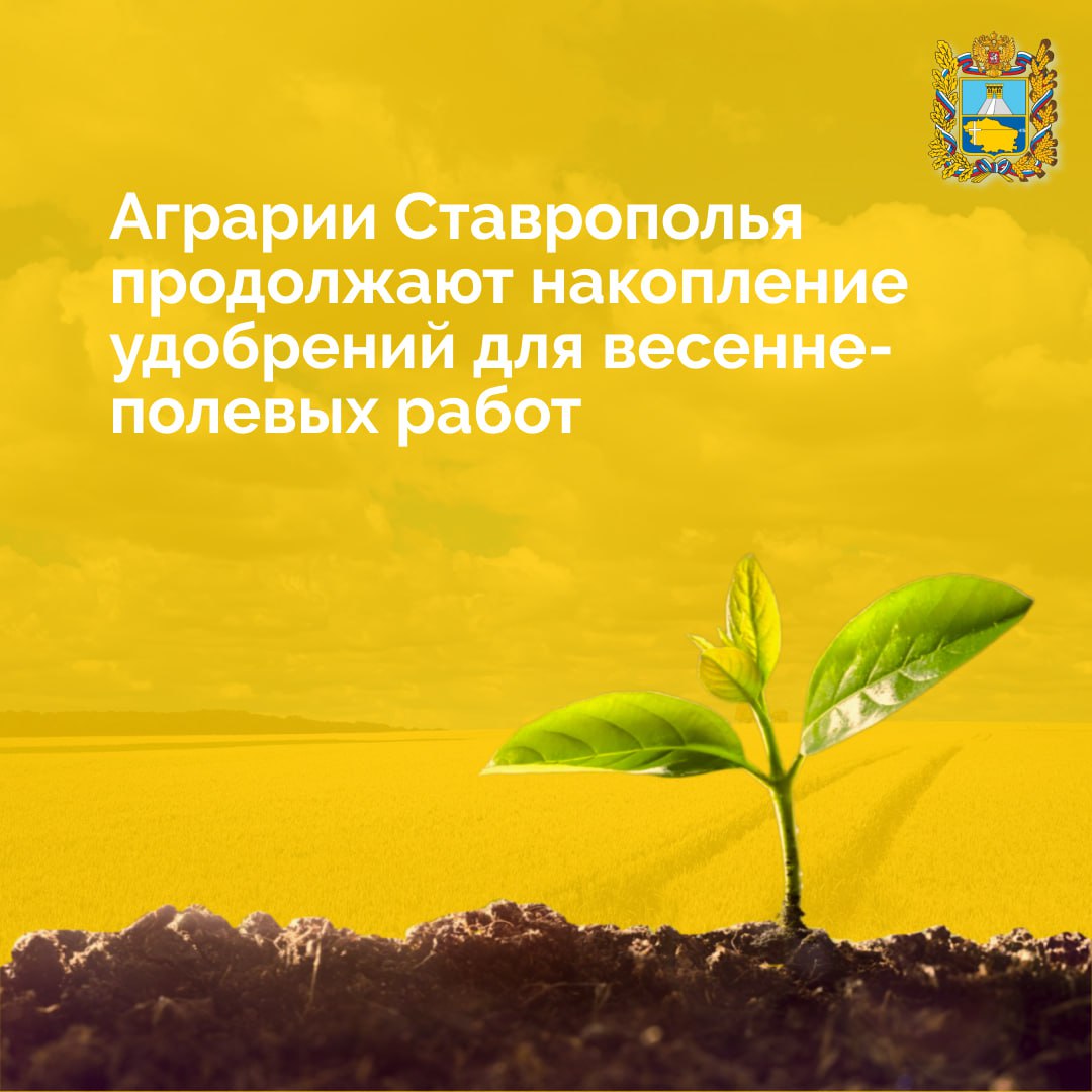 Губернатор Ставрополья Владимир Владимиров поставил задачу по формированию закладки нового урожая  Важным этапом является заготовка удобрений для озимых и яровых культур. На данный момент примерно 50% от необходимого объема находится на складах сельхозпроизводителей.  Всего аграриям требуется 581,7 тыс тонн удобрений в год, из которых 335,9 тыс тонн нужны для весенних полевых работ.