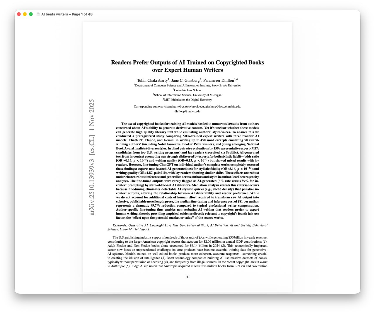 ИИ победил писателей рассказы от нейронок начали нравиться людям в разы чаще чем публикации живых авторов Для эксперимента в MIT дообучили GPT 4o на работах 50 известных писателей Читатели оценили нейротексты выше по качеству и стилю В 97 случаев их даже не смогли отличить от написанных человеком При этом обучение модели оказалось в 300 раз дешевле чем работа писателя