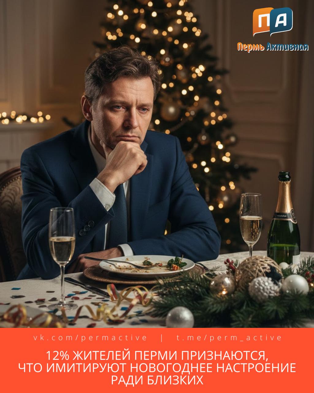 12 жителей Перми признаются что имитируют новогоднее настроение ради близких тогда как по настоящему праздничный настрой перед Новым годом ощущают лишь 36 горожан Ещё 43 опрошенных сообщили что вовсе не испытывают предвкушения праздника Женщины чаще мужчин отмечают наличие праздничного настроя 39 против более сдержанных оценок у мужчин При этом именно мужчины чаще признаются что создают праздничную атмосферу формально не испытывая её на самом деле Подпишитесь на нас в ТГ MAX ВК Прислать материал