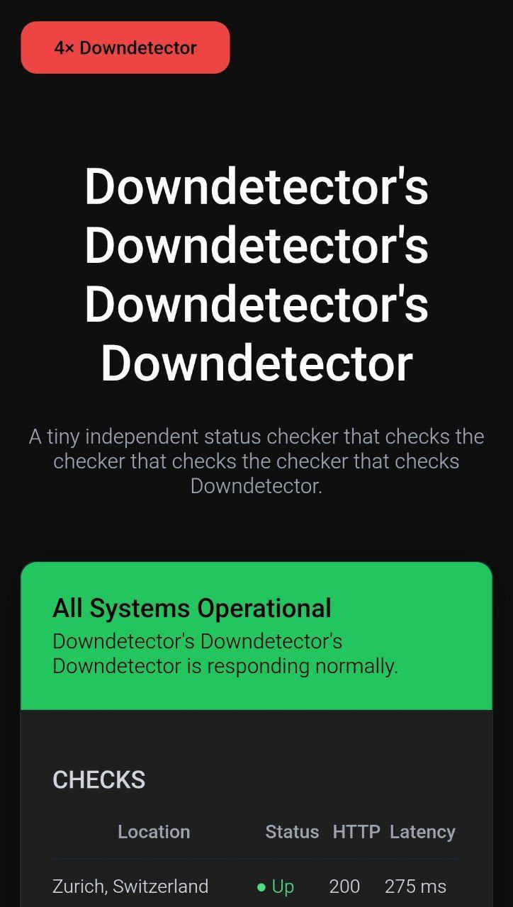 ОР вышел DowndetectorDowndetectorDowndetector да он следит за сбоями DowndetectorsDowndetector который следит за сбоями DownDetector Рекурсия которую мы заслужили PushEnter