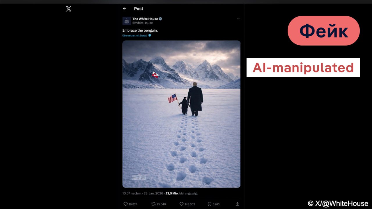Белый дом публикует пингвинов с Трампом в Гренландии Пингвины живут в другом полушарии На фоне заявлений президента Дональда Трампа о необходимости присоединения Гренландии к США официальные аккаунты Белого дома и министерства внутренней безопасности начали публиковать фотопосты с изображениями пингвинов При этом естественная среда обитания пингвинов находится в Антарктическом регионе и близлежащих к нему местах Публикацию Белого дома в соцсети Х с изображением Трампа вместе с держащим американский флаг пингвином на заснеженном фоне сопровождает надпись Примите пингвина На картинке созданной с помощью ИИ оба героя направляются в сторону флага Гренландии В свою очередь МБВ США опубликовало видео с уже одиноким пингвином также посреди снегов и загадочным закадровым текстом о его приключениях Белый дом сделал репост этой публикации Пингвины не в первый раз попадают в фокус медийного внимания в связи с Дональдом Трампом Ранее в 2025 году президент США ввел повышенные тарифы в размере 10 на импорт почти изо всех стран мира кроме России и Беларуси Тогда под пошлины попали в частности острова Херд и Макдональд в Южном океане где люди не живут но расположены большие колонии этих птиц Официально острова относятся к Австралии dwglavnoe