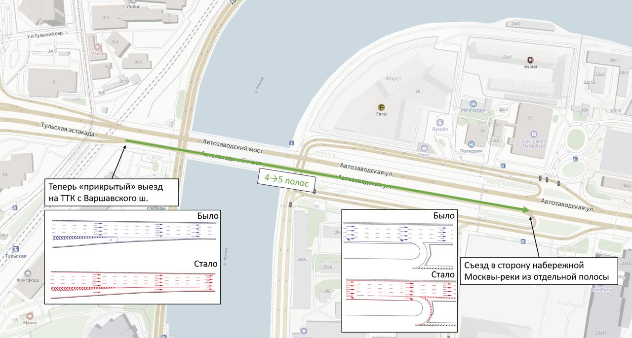 Переразметили Автозаводский мост на Третьем кольце! В этом году мы добавили полосу на мосту на внешней стороне ТТК, вместо 4-х полос теперь 5. Участок стал удобнее и безопаснее:   +20% пропускная способность  появилась отдельная полоса для съезда с моста в сторону ЗИЛарта и набережной Марка Шагала, правый ряд больше не тормозит движение прямо  организована прикрытая полоса при выезде с Варшавского шоссе на Третье кольцо  больше они не вливаются в полосу с Загородного шоссе .  В прошлом году тот же прием "добавили +1 полосу и все поехало" был реализован на внутренней стороне ТТК на том же Автозаводском мосту, эффекты уже измерены:  скорость проезда в среднем выросла на 42%   максимальная часовая интенсивность движения выросла на 23%   выросла даже суточная интенсивность движения  на 4%   В конечном счете этот проект  как и другие из пакета переразметки Третьего кольца  перераспределяют трафик на ТТК, разгружая Садовое кольцо и центр города от транзитного трафика.  Ждем еще нескольких крутых проектов переразметки в Москве в этом году.  , чтобы не пропустить!
