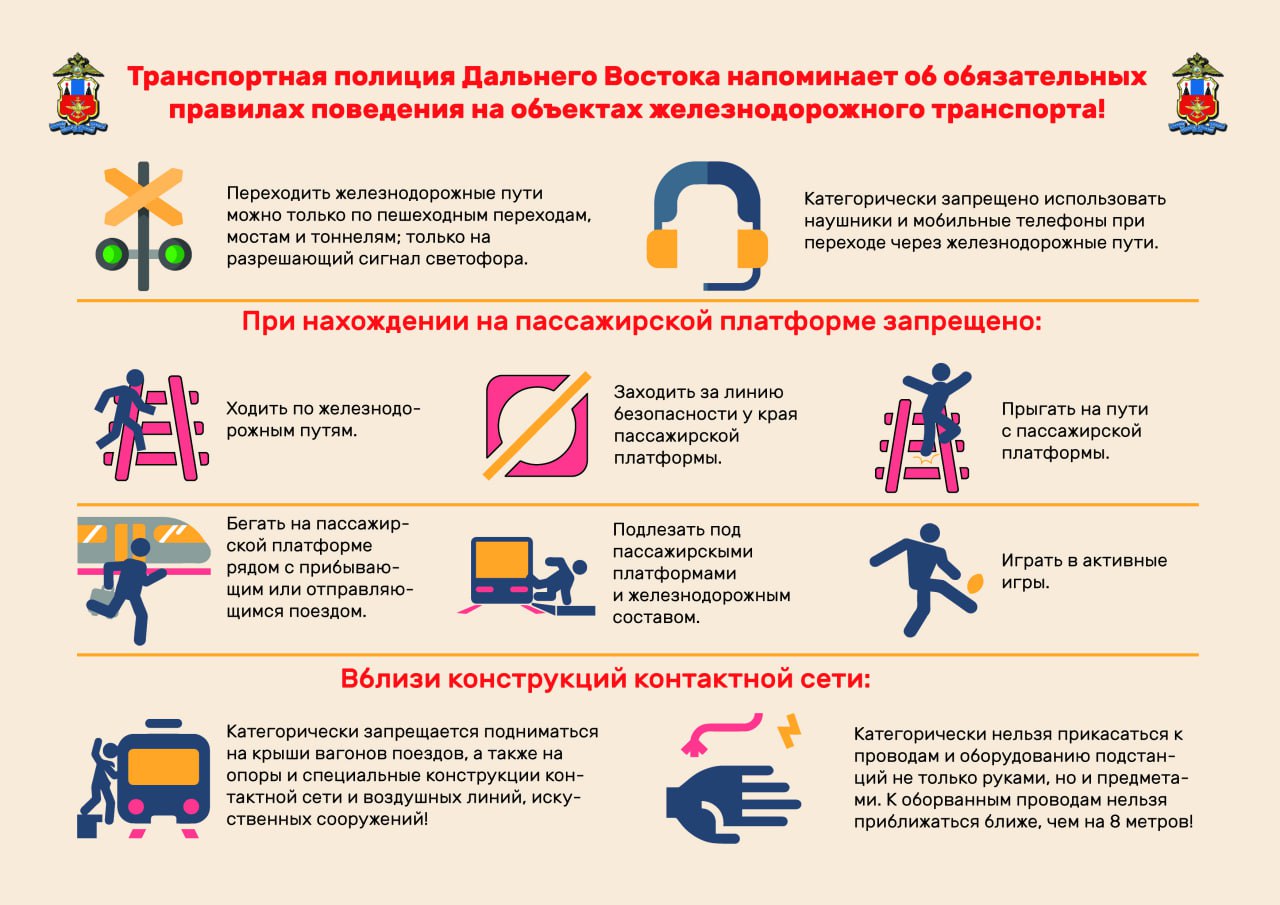 За прошедшие выходные во Владивостокском ЛУ МВД России на транспорте зафиксировано смертельное травмирование женщины электропоездом  За минувшие выходные на территории Приморского края между станциями Надеждинская и Кипарисово грузовым электровозом была смертельно травмирована 63-летняя женщина, переходившая железнодорожные пути в неположенном месте. Машинист локомотива подавал звуковые сигналы, применил экстренное торможение,  но избежать наезда не удалось.   Уважаемые граждане, помните, обязательно соблюдайте правила поведения на железной дороге и рассказывайте детям о мерах личной безопасности на объектах железнодорожного транспорта!    Переходить железнодорожные пути разрешается только по пешеходным переходам, мостам и тоннелям, только на разрешающий сигнал светофора;   Категорически запрещено использовать наушники и мобильные телефоны при переходе через железнодорожные пути.  При нахождении на пассажирской платформе:   запрещено ходить по железнодорожным путям;   нельзя заходить за линию безопасности у края пассажирской платформы;   нельзя прыгать на путь с пассажирской платформы;   запрещено подлезать под пассажирскими платформами и железнодорожным составом;   нельзя бегать на пассажирской платформе рядом с прибывающим и отправляющимся поездом;  Берегите себя и своих близких, соблюдайте правила поведения на объектах железнодорожного транспорта и не подвергайте свою жизнь опасности!   Дальневосточная полиция - подписаться