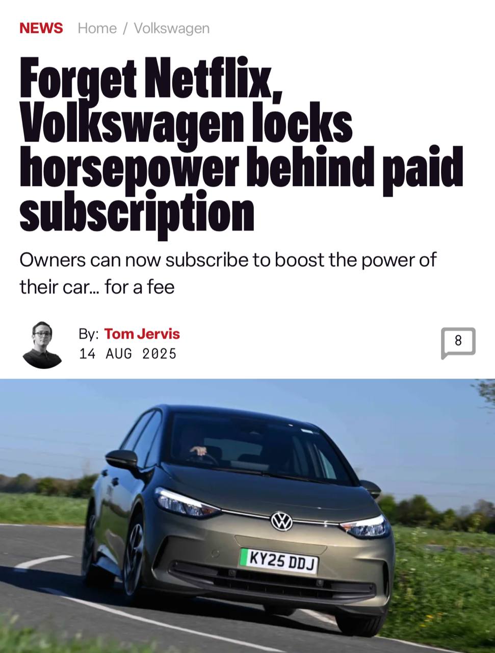 Volkswagen теперь продаёт ПОДПИСКУ на лошадиные силы в машинах. Новая модель ID.3 Pro выдаёт 201 л.с., но за полторы тысячи рублей можно разблокировать дополнительные 27 сил.  Обойти систему и сделать тюнинг самому не получится — система зафиксирует взлом и  !  подаст на владельца в суд.  Ждём подписки на кондиционер от АвтоВАЗа