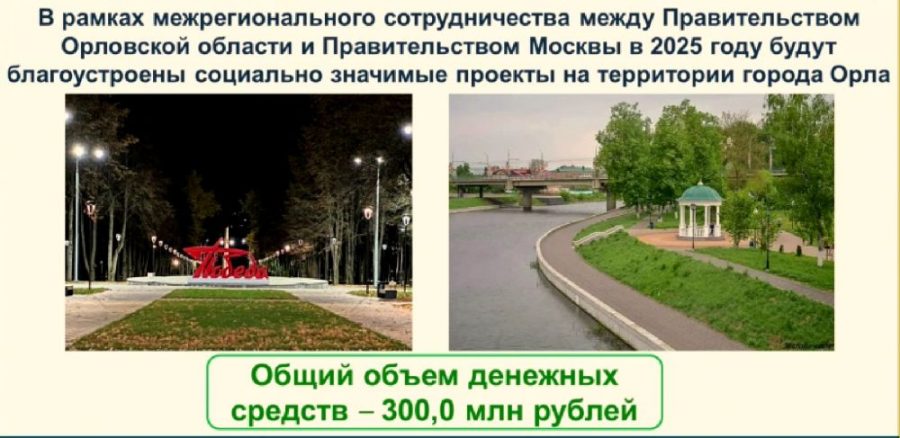 Регион получит ещё 300 млн рублей на благоустройство города Орла  В рамках межрегионального сотрудничества между правительством Москвы и правительством Орловской области из бюджета столицы бюджету региона будет выделено еще 300 млн рублей.