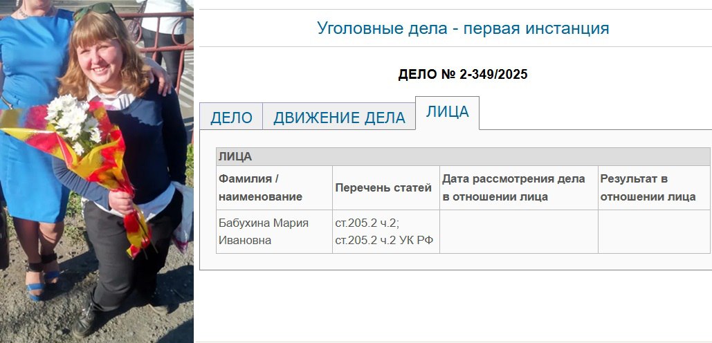 Уголовное дело возбудили против тагильчанки за посты в интернете Дело против Марины Бабухиной из Нижнего Тагила возбуждено по статье об оправдании терроризма Какие именно слова послужили поводом для возбуждения дела неизвестно известно лишь что это были высказывания в интернете поскольку ей вменяется часть 2 статьи 205 2 УК Публичные призывы к осуществлению террористической деятельности публичное оправдание терроризма или пропаганда терроризма совершённые с использованием СМИ либо электронных или информационно телекоммуникационных сетей в том числе сети Интернет В июне этого года Росфинмониторинг внёс Бабухину в список террористов и экстремистов с пометкой что означает отнесение к разряду террористов Дело Бабухиной уже передано в Центральный окружной военный суд заседание по нему состоится 15 октября По вменённой статье ей грозит от пяти до семи лет лишения свободы либо штраф от 300 тысяч до 1 миллиона рублей Фото соцсети Марии Бабухиной сайт Центрального окружного военного суда Телеграм канал ve4ved Поддержать Подписаться Прислать новость 18