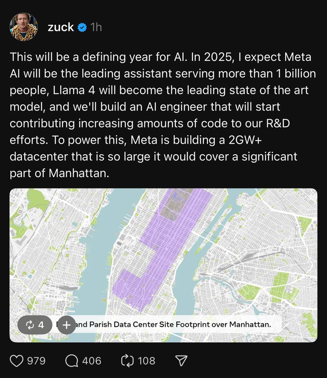 Цукерберг поделился своими скромными планами на 2025 год:  • сделать Meta AI ведущим ассистентом с миллиардом пользователей,  • сделать Llama 4 передовой моделью в отрасли, • создать ИИ-инженера, которому планируют поручить написание кода.  Для поддержки всех этих амбиций Цукерберг строит огромный дата-центр мощностью 2GW+ и площадью примерно как половина Манхэттена.   Для сравнения, такой энергии хватило бы для питания города на 2 миллиона человек, а для ее производства потребуется средняя АЭС.