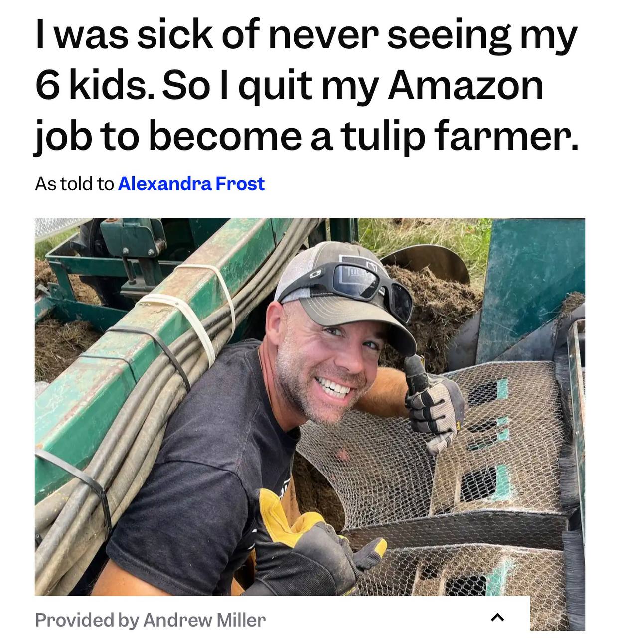 Работник Amazon уволился из за выгорания и теперь выращивает тюльпаны пишет Business Insider До этого Эндрю Миллер был классическим трудоголиком с подъёмом в 4 утра и 70 часов в неделю в офисе В 50 лет он понял что занимается не тем Теперь у мужчины ферма размером с 17 футбольных полей и счастливая жизнь investingcorp