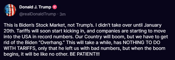 Трамп заявил, что нынешний фондовый рынок принадлежит Байдену, а не ему. Он также подчеркнул, что вскоре начнёт действовать введение тарифов. По мнению Трампа, для начала экономического подъёма необходимо устранить последствия политики Байдена.