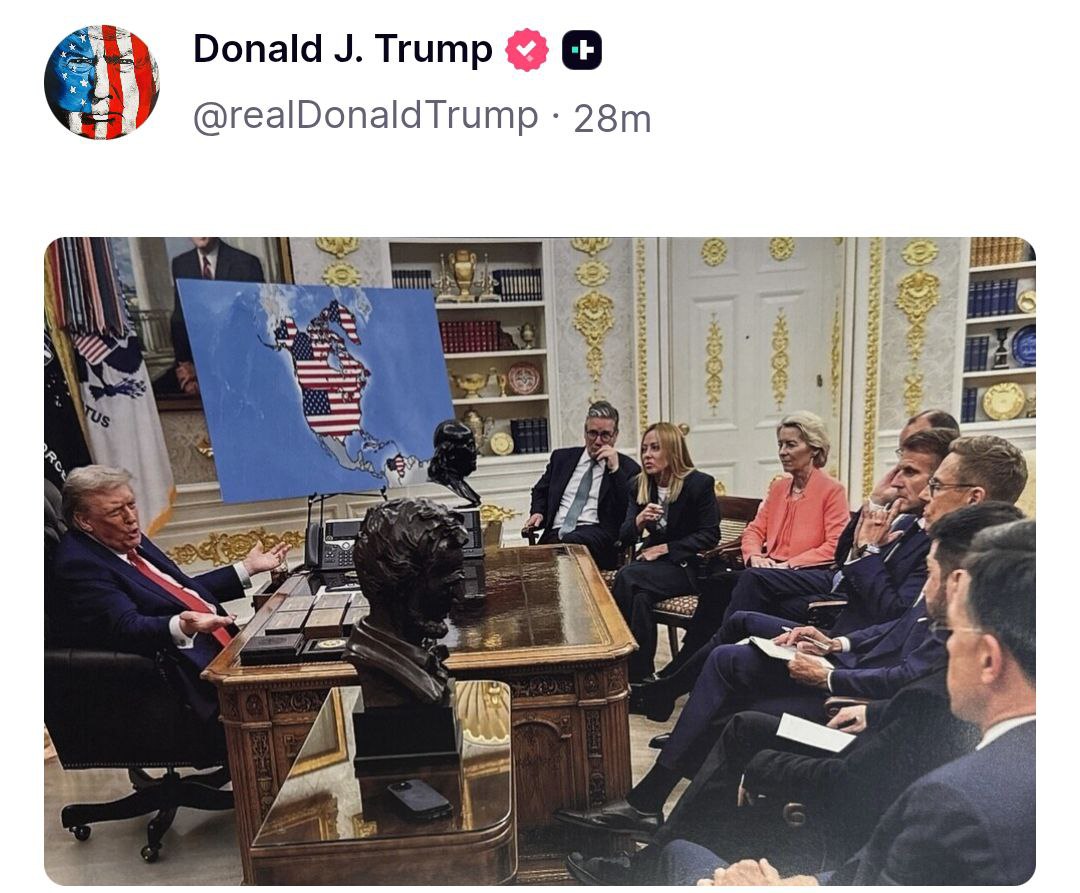 Не только Гренландия но и Канада Трамп опубликовал в соцсети очередную картинку на тему своих территориальных приобретений Он изобразил встречу с представителями Европы которым президент США демонстрирует карту с Канадой и Гренландией закрашенными в цвет американского флага Накануне он опубликовал картинку по которой в 2026 году США получают себе Гренландию