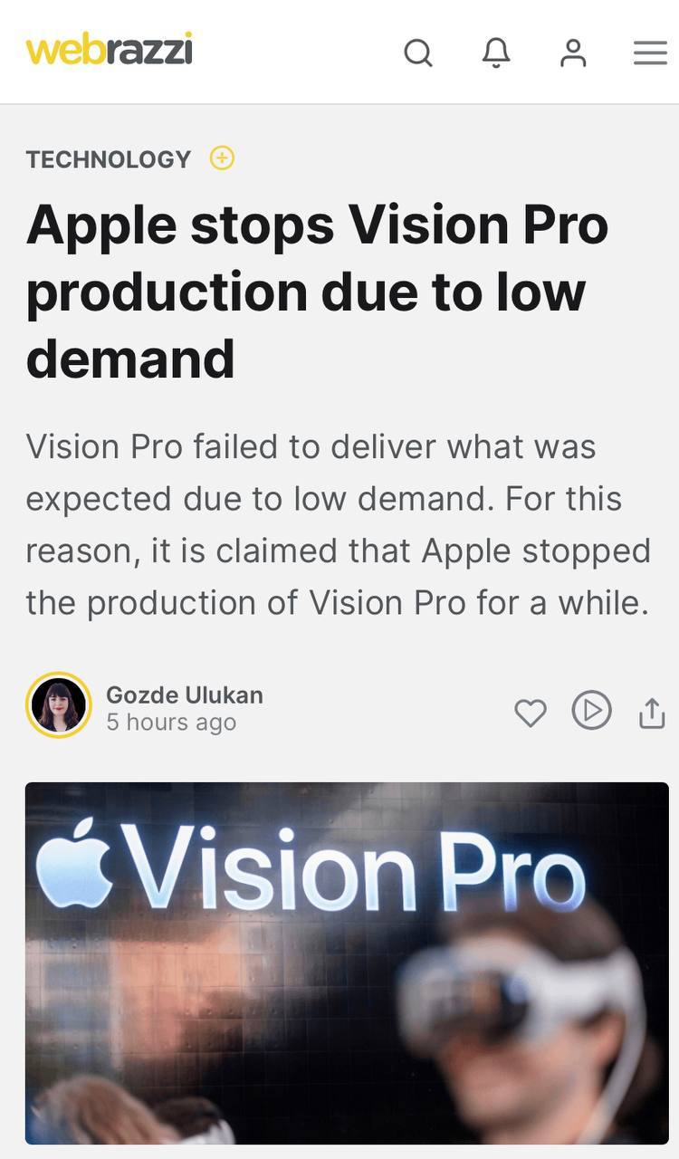 Apple решила прекратить производство Vision Pro из-за низкого спроса на продукт.   Похоже, гениальность яблочной компании дала сбой… Тем более, что картонка от Гугль стоит три копейки.     Постмаркетинг. Подпишись — ибо грядет!