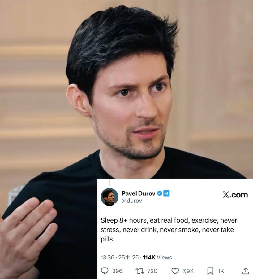 Дуров раскрыл свои правила здорового образа жизни По его словам нужно спать 8 часов и более есть настоящую еду заниматься спортом не нервичать не пить не курить не принимать таблетки Так Дуров ответил на вопрос пользователя X который спросил в чем секрет людей которые редко болеют ВПШ