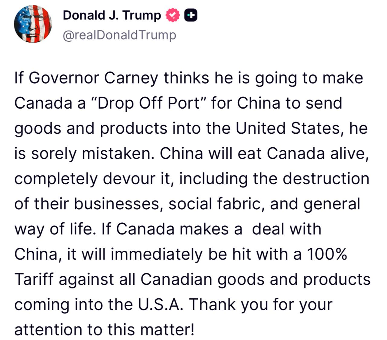 Если Канада заключит сделку с Китаем то на все канадские товары ввозимые в США будут применены пошлины в 100 заявил Трамп Если Канада заключит сделку с Китаем немедленно будут наложены 100 процентные пошлины на все канадские товары и продукты ввозимые в США написал Трамп в социальной сети Truth Social РБК в Telegram и MAX