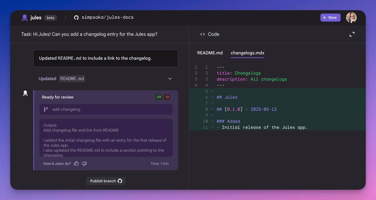 Google представили нового ИИ-помощника по разработке — Jules, бесплатный агент, созданный специально для работы с кодом. Он подключается к GitHub-репозиториям, пишет и проверяет код, создаёт pull request’ы и запускает всё в виртуальной машине. Плюс — сам пишет тесты и объясняет, что делает и почему. Сейчас идёт бета-тест, для участия нужен зарубежный IP. Отличный способ разгрузить себя от рутины в коде. #Service Подписаться