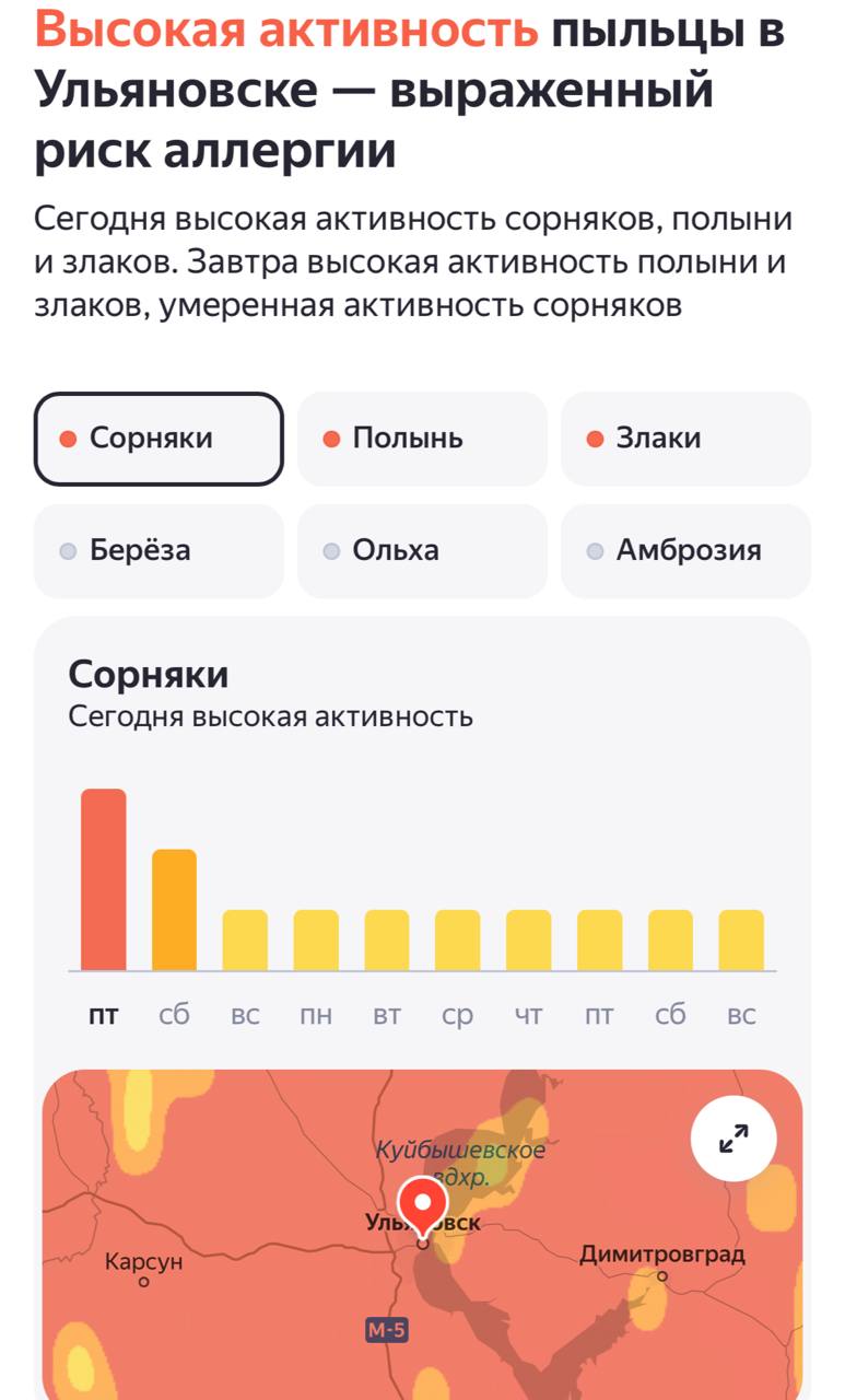 Уровень пыльцы в Ульяновске остается очень высоким из-за цветения сорняков, злаков и полыни.  У кого-то может начаться насморк, слезотечение, кашель и другие симптомы поллиноза — врачи советуют по возможности не выходить на улицу без надобности, закрывать окна и принять антигистаминные препараты.    Подписаться   Прислать новость
