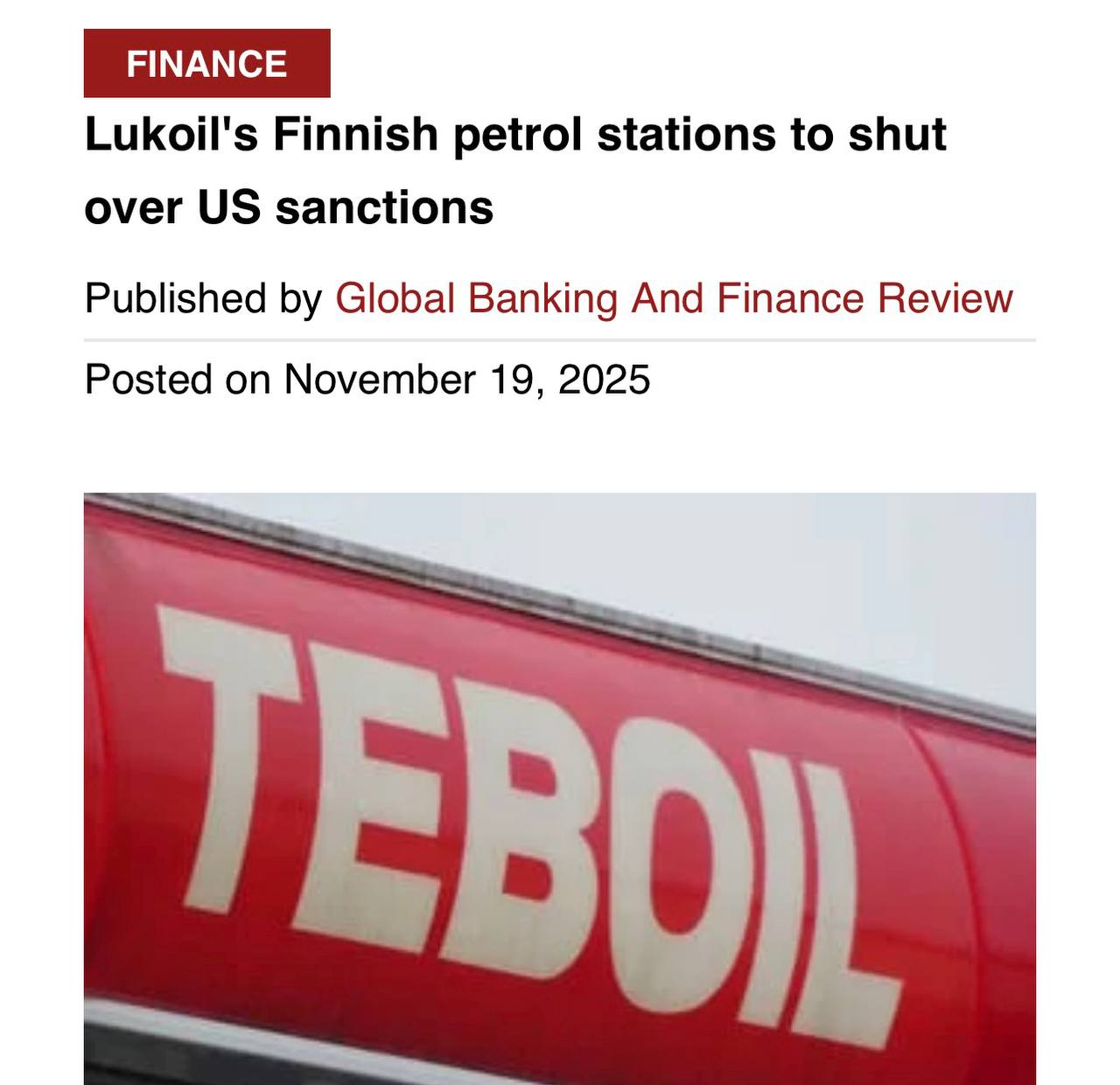 Закрытие сети АЗС Teboil в Финляндии Финская сеть автозаправочных станций Teboil принадлежащая российскому Лукойлу прекращает свою деятельность в стране вследствие введения американских санкций Это приведет к закрытию примерно 20 всех заправок в Финляндии   investing investing