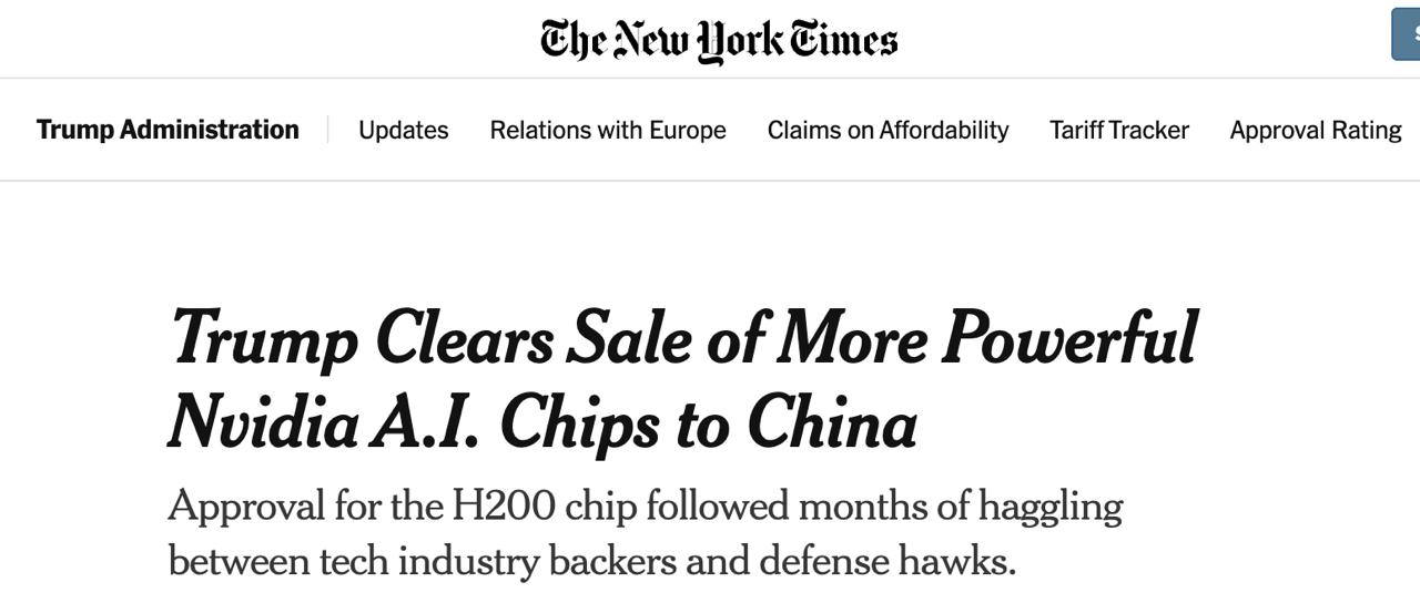 Трамп разморозил поставки в Китай передовых процессоров для искусственного интеллекта Президент США одобрил продажу Пекину второго по мощности чипа Nvidia H200 сообщает The New York Times Решение последовало за месяцами торгов между сторонниками технологической отрасли и сторонниками оборонного курса так как эти технологии могут оказать Китаю военную и экономическую помощь Это решение стало крупной победой гендиректора Nvidia который месяцами лоббировал в Белом доме смягчение экспортных ограничений Трамп сообщил что аналогичное разрешение получат и другие производители чипов такие как Advanced Micro Devices и Intel Часть доходов от производства чипов будет поступать правительству США что по мнению экспертов может нарушать законодательство США Этот шаг также является отходом от курса Трампа чья администрация изначально обещала ограничить продажи ИИ чипов в Китай Сайт Страна X Twitter Прислать новость фото видео Реклама на канале Помощь