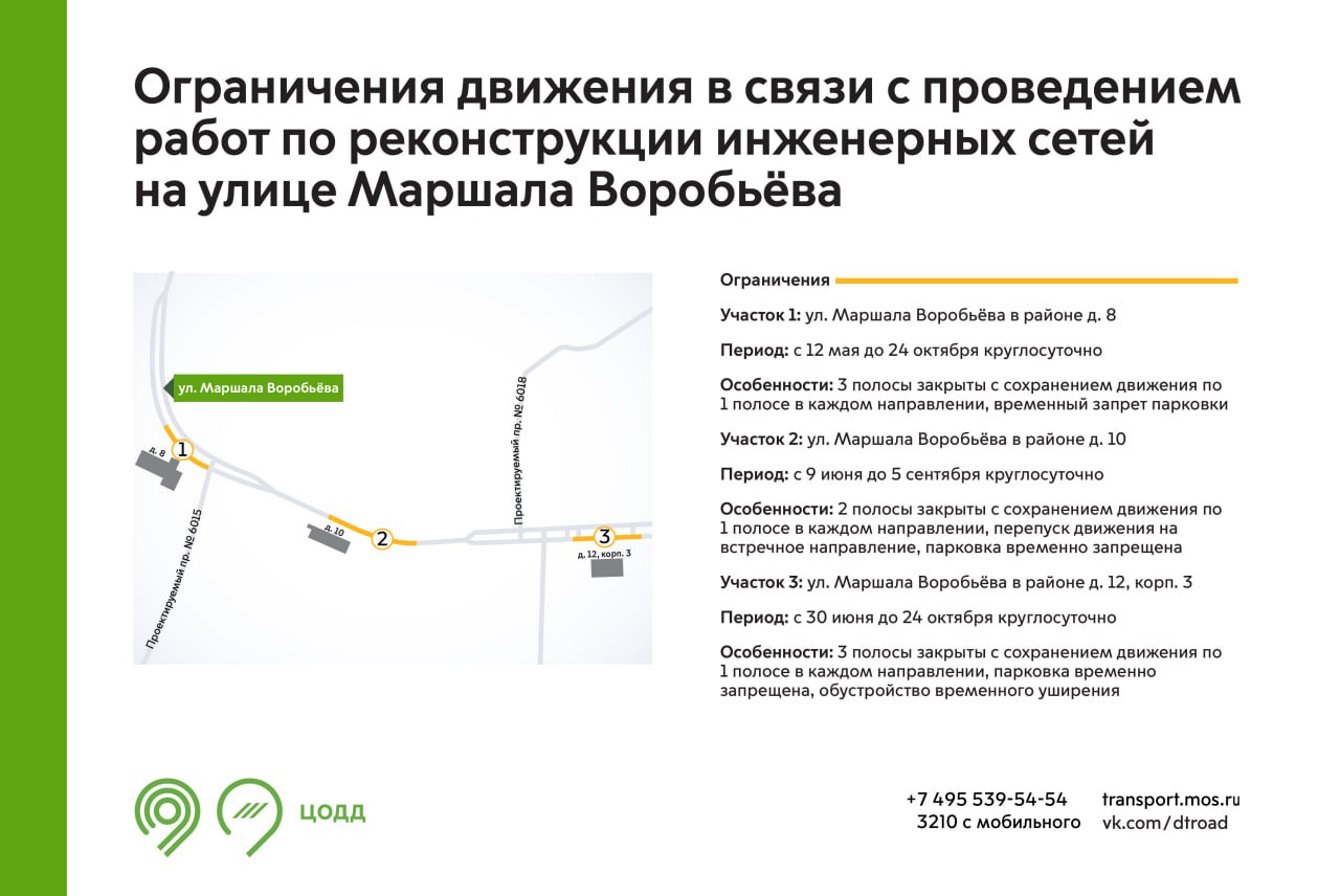 С 12 мая до 24 октября на участках улицы Маршала Воробьёва будут недоступны для движения 2-3 полосы. Это связано с проведением работ по реконструкции инженерных сетей. Также на участках ограничения будет временно запрещена парковка. Обращайте внимание на знаки. Подробнее – на инфографике