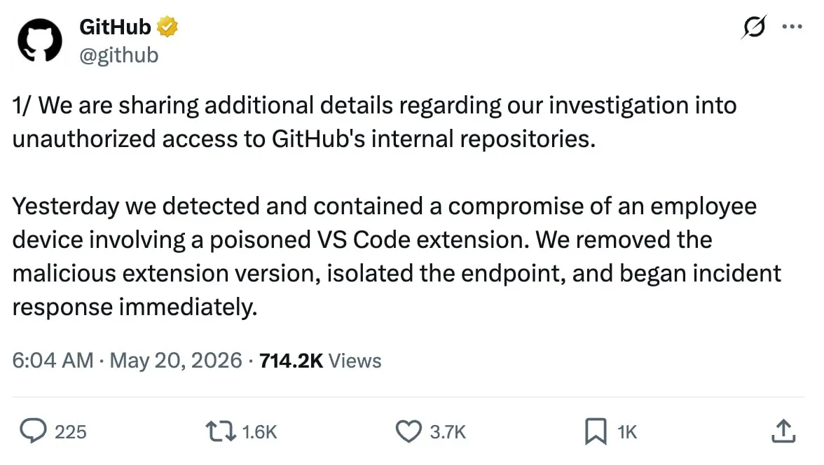 GitHub взломали хакеры добрались до 4 тыс внутренних репозиториев плафтормы Почти весь исходный код сервиса выставили на продажу за 50 тыс Судя по всему атака произошла через дыру в безопасности в одном из расширений для VS Code