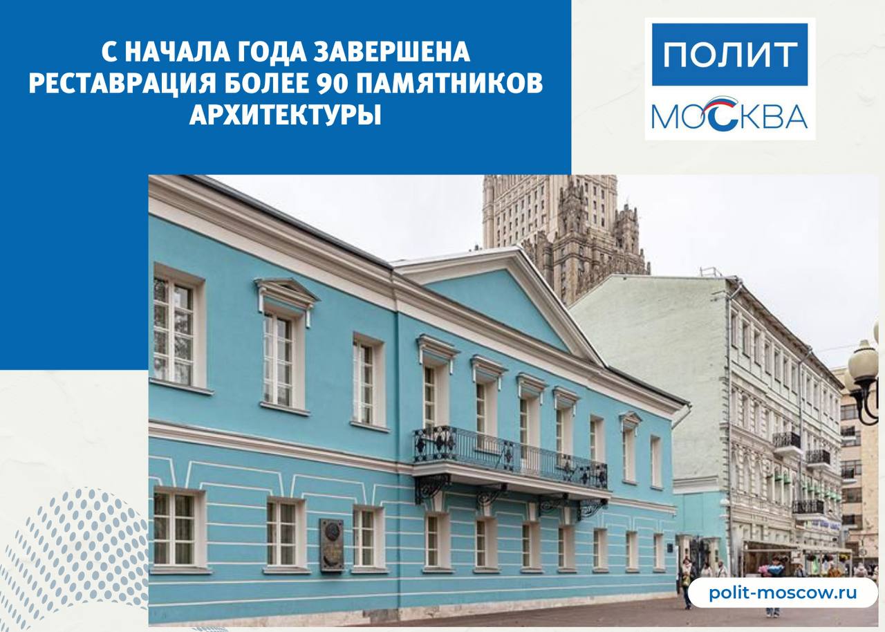 С начала года завершена реставрация более 90 памятников архитектуры  Четверть московских памятников архитектуры отреставрировали за последние 13 лет.  «Всего в Москве больше восьми тысяч объектов культурного наследия. Ежегодно в работе у специалистов находится порядка 500 памятников архитектуры. С начала этого года завершились работы более чем на 90», — отметил мэр Москвы Сергей Собянин.  Работы провели в одном из старейших зданий Арбата, где находится Мемориальная квартира Александра Пушкина. Отреставрировали и фасады дома композитора Алексея Верстовского в Хлебном переулке.