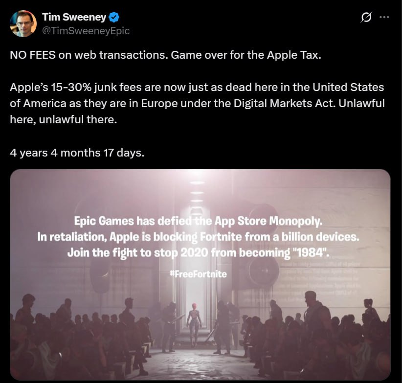 Apple больше не может брать комиссию за покупки вне приложений. Epic — победил. Федеральный суд США вчера вечером постановил: Apple немедленно лишается права: брать процент с внешних покупок, запрещать разработчикам ставить ссылки, кнопки и оформлять их как им удобно, мешать пользователям переходить на сторонние сайты любыми способами, кроме нейтрального уведомления. Судья назвала действия Apple "преднамеренным нарушением" предыдущего решения и направила дело в прокуратуру для возможного расследования по уголовному неуважению к суду. Тим Суини, глава Epic, уже анонсировал: Fortnite вернётся в App Store в США на следующей неделе. Если Apple согласится на такие условия по всему миру, Epic готов отозвать иски. Это может быть самым важным ударом по App Store Tax за всё время.