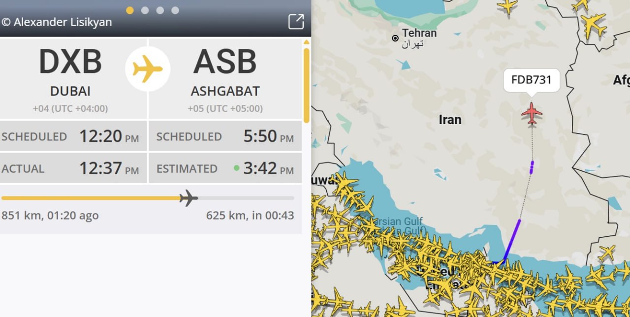 Если верить flightradar24, самолеты flydubai уже летают над Ираном: пунктиры стали короче, а синие линии – длиннее. В частности рейс FZ 989 из Дубая в Москву пролетел Иран и сейчас движется над Туркменистаном. В воздушном пространстве Ирана находятся самолеты, направляющиеся из Дубая в Ашхабад FZ 731 и из Баку в Дубай FZ 710 . Подробнее написали на ТурДоме.