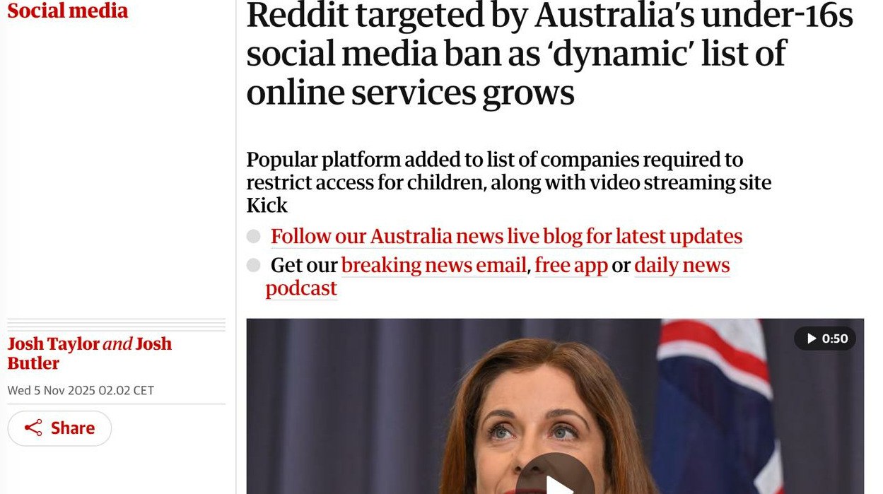 Австралия запретила детям до 16 лет пользоваться TikTok Instagram и YouTube Австралия запретила детям до 16 лет пользоваться большинством популярных соцсетей включая TikTok Instagram и YouTube передает ArbatMedia С 10 декабря в стране начнут действовать новые правила ограничивающие доступ несовершеннолетних к ряду онлайн платформ Помимо уже заблокированных Facebook Snapchat Instagram X YouTube и TikTok под запрет попали также форум Reddit и видеосервис Kick В дальнейшем ограничения могут распространиться и на другие цифровые сервисы включая игровую платформу Roblox и видеогенератор Sora созданный компанией OpenAI По словам представителей властей эти меры направлены на обеспечение психологической и физической безопасности детей в интернете Многие из затронутых компаний выразили несогласие с решением правительства Прислать новость