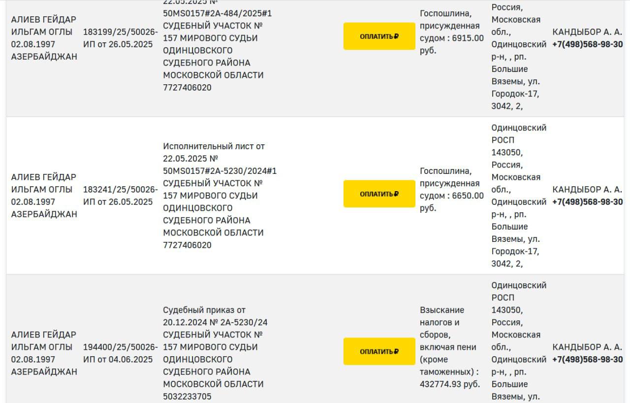 В России судебные приставы разыскивают полного тёзку сына президента Азербайджана из-за долгов по налогам. В реестре значится Гейдар Ильгам оглы Алиев, родившийся 2 августа 1997 года — судя по всему, речь действительно идёт о единственном сыне Ильхама Алиева, хотя в открытых источниках в качестве его даты рождения чаще указывают 3 августа.  Исполнительные листы о взыскании долгов на общую сумму более миллиона рублей были выписаны на разные даты. Самые поздние датируются июнем этого года. Какие именно налоги не выплатил Г. Алиев, не сообщается, но ранее издание «Проект» выяснило, что сын азербайджанского президента владеет особняком на Рублёвке. Он расположён в коттеджном посёлке «Сады Майендорф», одной из самых престижных и закрытых территорий Рублёво-Успенского шоссе. Площадь участка — более 7 тысяч квадратных метров, особняка — 1,6 тысяч квадратных метров. Собственником элитной недвижимости Г. Алиев стал в возрасте девяти лет.   /Новости