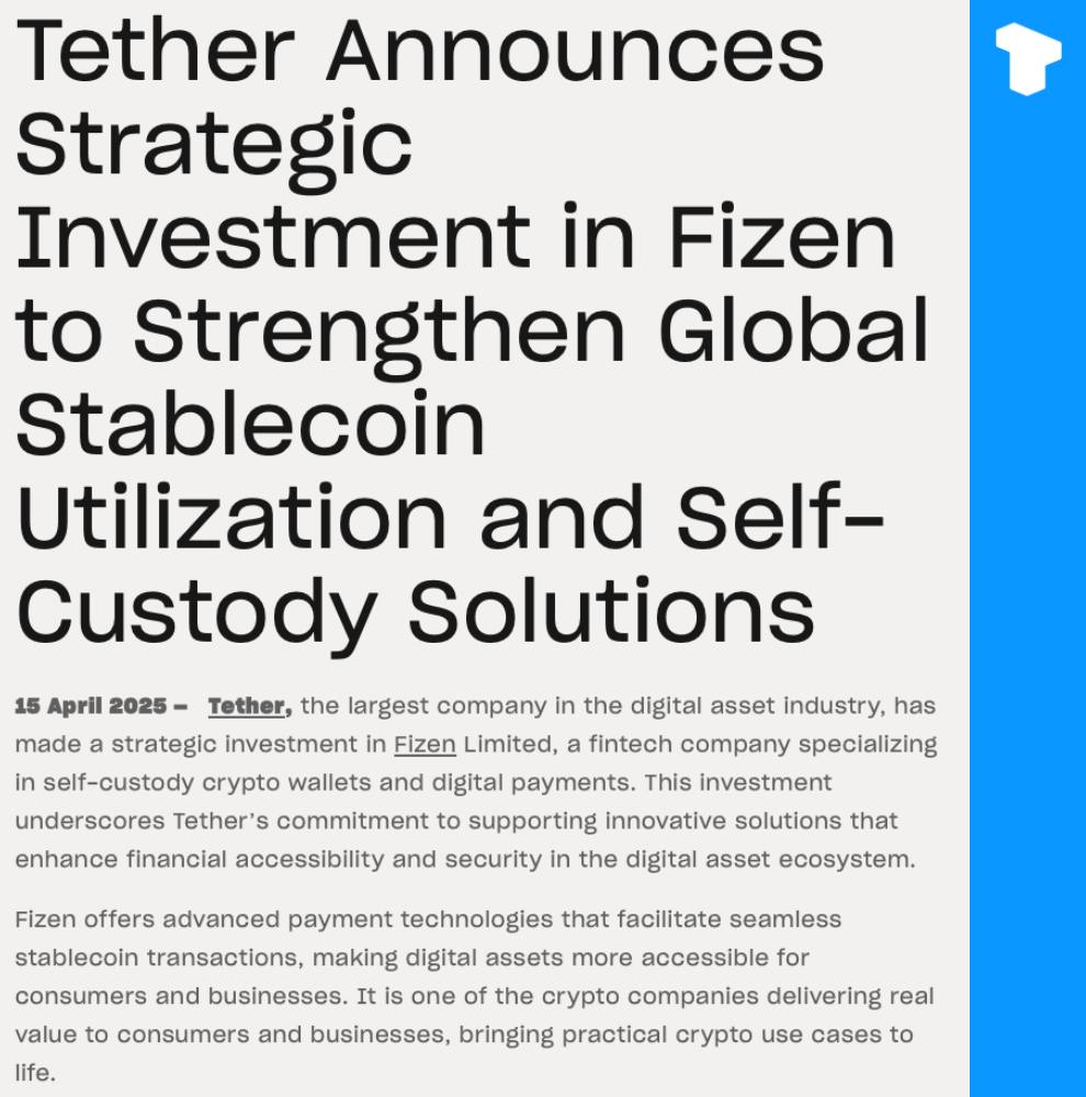Компания Tether внесла стратегические инвестиции в Fizen Limited для содействия всеобщему принятию стейблкоинов и решений по самостоятельному хранению. Fizen предлагает поддержку стейблкоинов в нескольких сетях и инструменты для продавцов, позволяющие принимать криптоплатежи с мгновенным расчетом в фиате. Это позволяет улучшить доступ к финансовым услугам для лиц, не имеющих банковских счетов. Телеграм Х Сообщество Источник