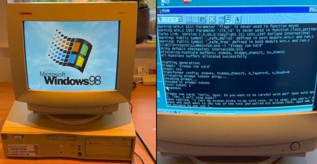 Энтузиасты запустили современную ИИ-модель Llama на древнем ПК с Pentium II и Windows 98  Специалисты из EXO Labs сумели запустить довольно мощную большую языковую модель  LLM  Llama на 26-летнем компьютере, работающем под управлением операционной системы Windows 98. Исследователи наглядно показали, как загружается старый ПК, оснащённый процессором Intel Pentium II с рабочей частотой 350 МГц и 128 Мбайт оперативной памяти, после чего осуществляется запуск нейросети и дальнейшее взаимодействие с ней.  Для запуска LLM специалисты EXO Labs задействовали собственный интерфейс вывода для алгоритма Llama98.c, который создан на базе движка Llama2.c, написанного на языке программирования C бывшим сотрудником OpenAI и Tesla Андреем Карпатым  Andrej Karpathy . После загрузки алгоритма его попросили создать историю о Сонном Джо. Удивительно, но ИИ-модель действительно работает даже на таком древнем ПК, причём история пишется с хорошей скоростью.