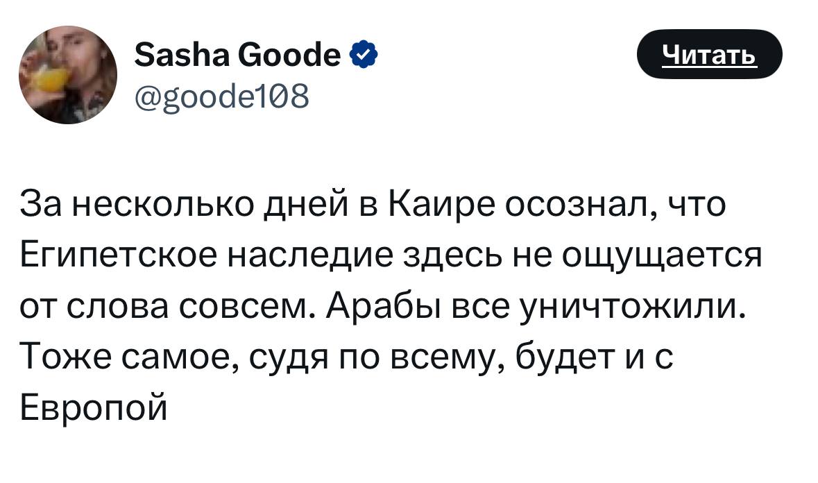 Либертарианец прибыл в Египет и не обнаружил в основанном арабами Каире никакого египетского наследия. Вот ведь как.