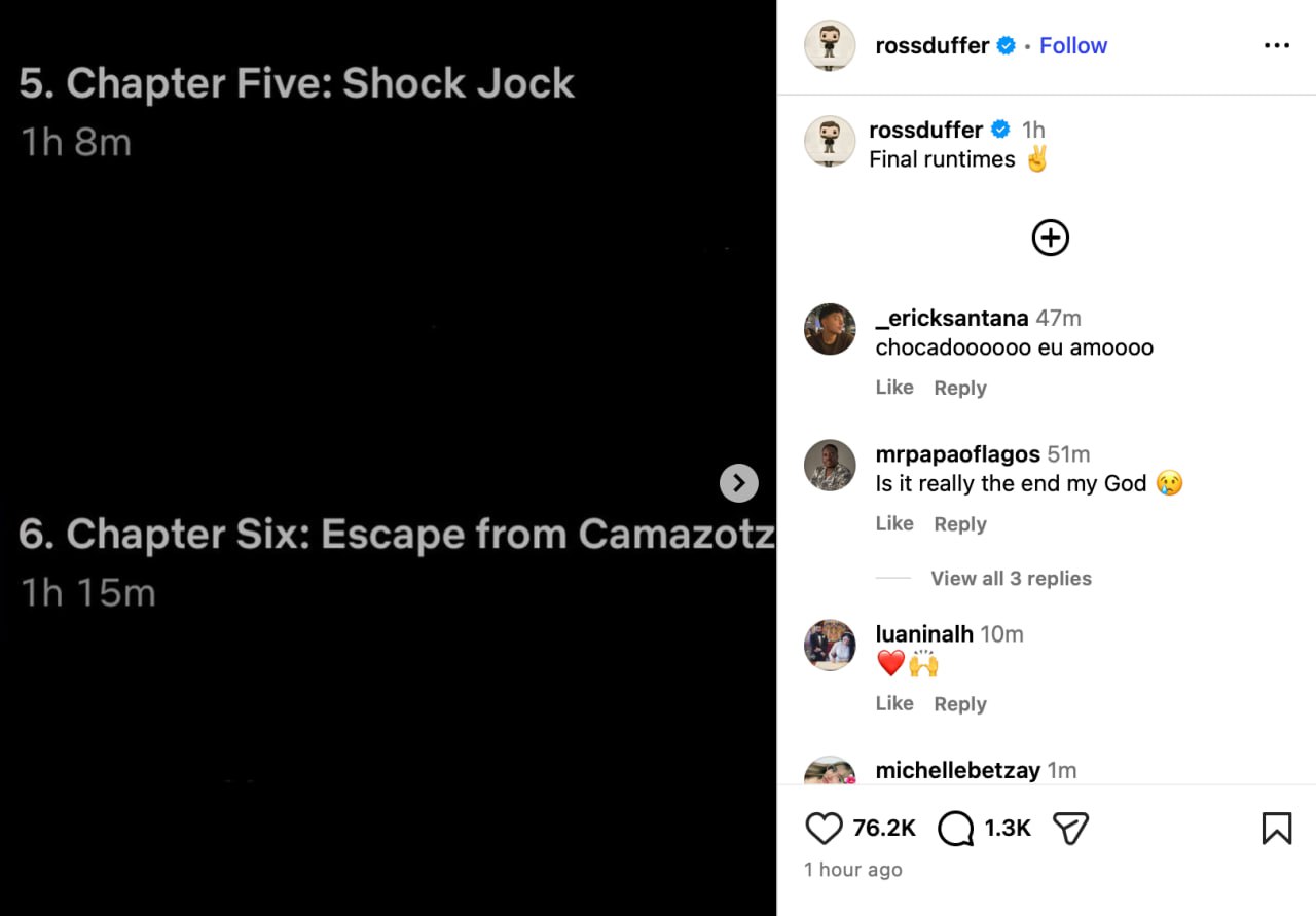 Последние серии Очень странных дел будут идти 5 5 часов Один из создателей сериала выложил названия и хронометраж всех эпизодов Эпизод 5 Shock Jock 1 08 Эпизод 6 Escape From Camazotz 1 15 Эпизод 7 The Bridge 1 06 Эпизод 8 The Rightside Up 2 08 Следующие три серии выйдут уже в эту пятницу Двухчасовой финал покажут отдельно в ночь на 1 января