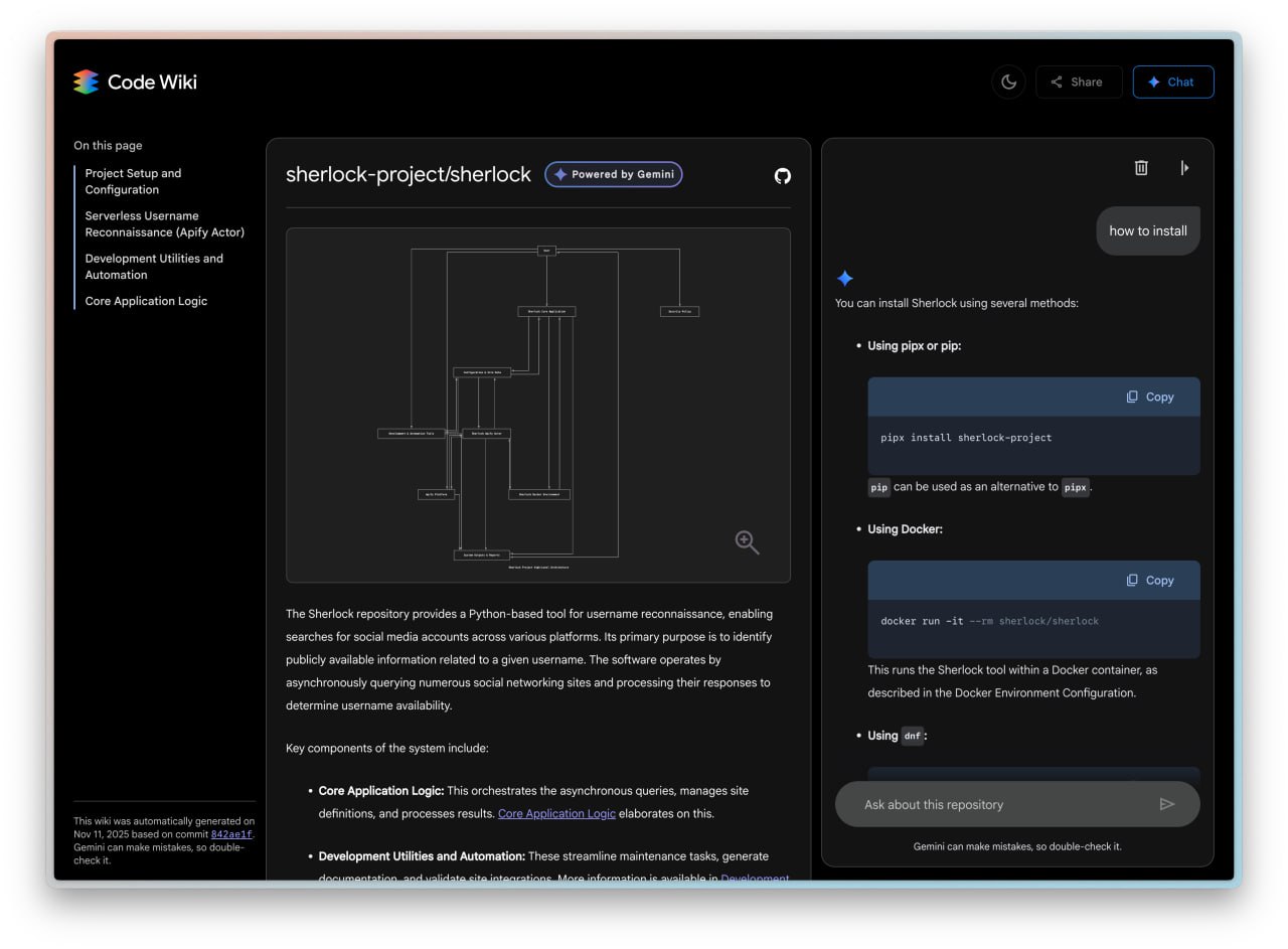Превращаем любой репозиторий GitHub в интерактивный документ Google выпустили полезный инструмент Code Wiki По сути это NotebookLM для опенсорса Можно изучить как работает любой сервис и попросить Gemini помочь правильно запустить его на своем ПК Пробуем бесплатно здесь