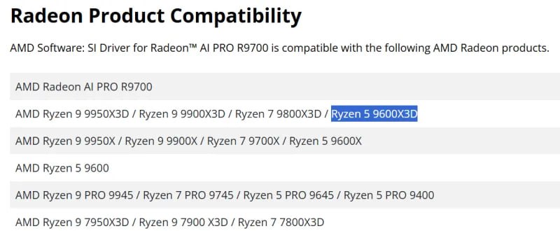 AMD готовит Ryzen 5 9600X3D — шестиядерный чип с 3D V-Cache ⁉ На сайте поддержки Radeon AI Pro R9700 засветился неанонсированный Ryzen 5 9600X3D. Это преемник 7600X3D — шестиядерный процессор с 3D V-Cache, предположительно на Zen 5 Хотя часть новых игр требует уже восемь ядер, прошлое поколение X3D показало достойную производительность — почти на уровне 7800X3D. Подробностей по частотам и цене пока нет Следи за новостями VA-PC Наш менеджер для связи