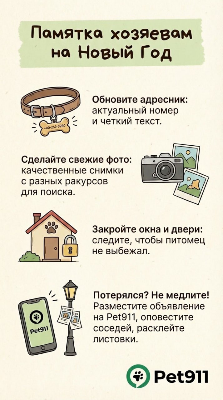 В прошлые новогодние праздники в крае пропали 170 домашних животных больше сотни собак и почти 60 кошек Фейерверки и петарды сильно пугают домашних животных Из за громких звуков питомцы паникуют срываются с поводков выбегают из квартир и теряются Что советуют владельцам питомцев проверьте адресник и номер телефона на ошейнике убедитесь что окна и двери закрыты выгуливайте собак только на поводке сделайте для питомца тихое и безопасное место дома Если животное пропало действуйте сразу объявления волонтеры приюты Чем быстрее начнется поиск тем выше шанс вернуть хвостатого друга домой Подписаться на канал  Читайте нас в MAX