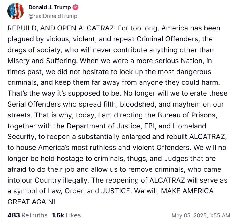 Трамп распорядился открыть знаменитую тюрьму Алькатрас. Заключённых там не содержат с 1963 года. Благодаря кино эта тюрьма получила славу одного из самых строгих исправительных учреждений в мире. Трамп настаивает на том, чтобы туда снова помещали наиболее опасных и жестоких преступников. Об этом он написал в своей соцсети Truth Social.