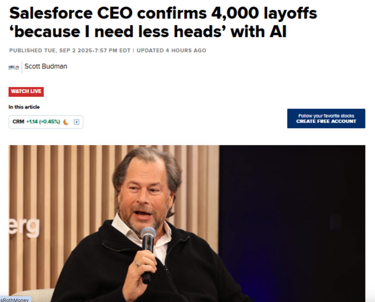 Salesforce сократил 4 000 сотрудников поддержки CEO Марк Бениофф заявил что команда поддержки уменьшилась с 9 000 до 5 000 человек благодаря внедрению AI ботов Agentforce которые теперь обрабатывают всё больше сервисных запросов По словам Salesforce это рост эффективности за счёт генеративного ИИ Критики считают что причина скорее в избыточном найме во время пандемии и стремлении показать инвесторам сокращение расходов AI Salesforce Agentforce Automation Layoffs