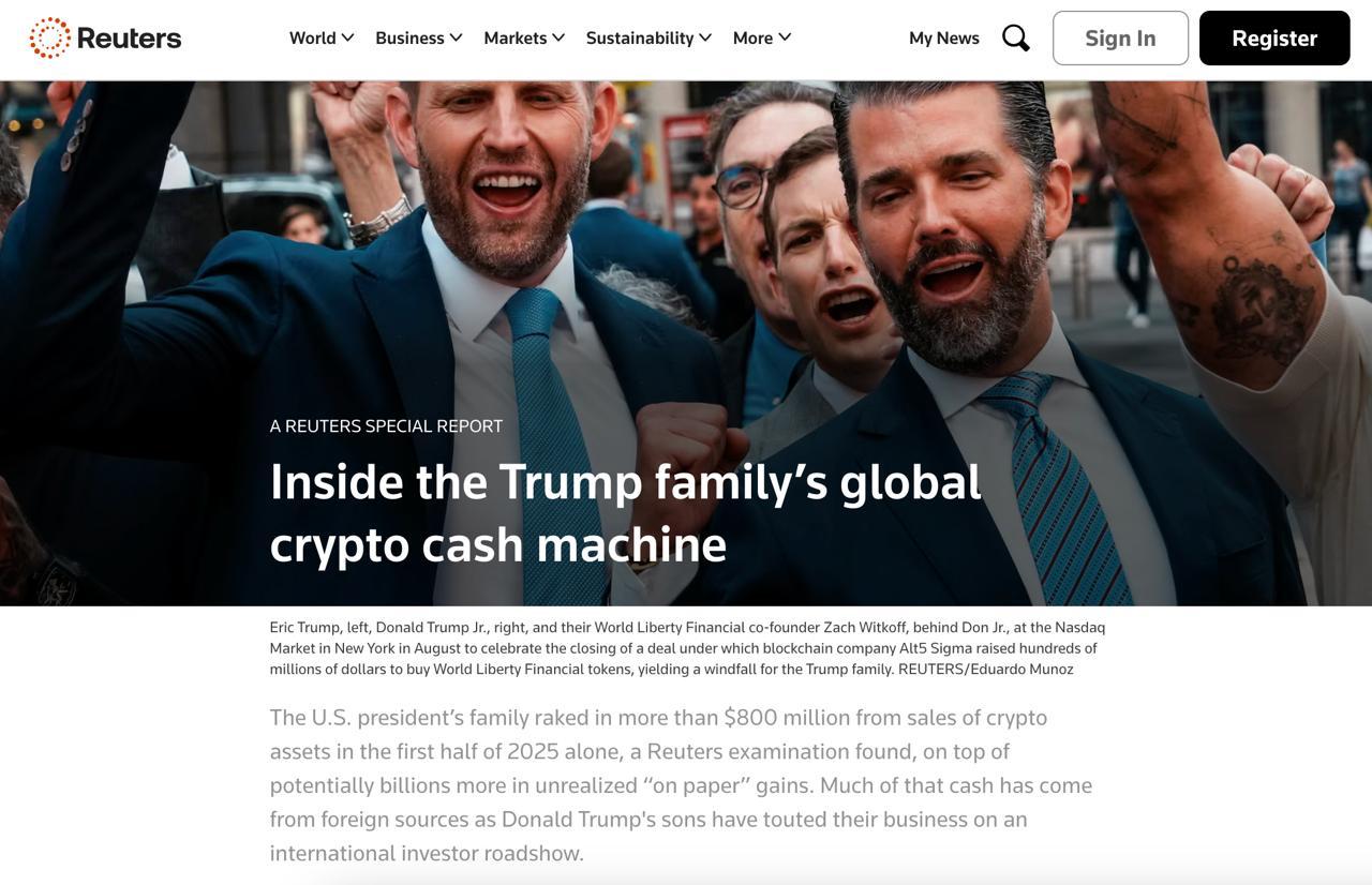Семья Трампа заработала более 800 млн на криптовалюте только за первые полгода 2025 года В прошлом году на сделках с криптоактивами семья Трампа заработала около 51 млн В этом же году только за первые полгода доход составил 864 млн что выше в 17 раз При этом более 90 около 802 млн из этих доходов составляют доходы от криптоактивов лично Трампа включая продажи токенов World Liberty Financial WLFI Reuters finlock