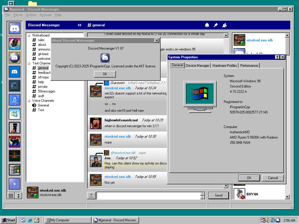 Осторожно, может свести олдскулы: Discord вышел на Windows 95 и Windows 98.  Какой-то гений собрал аналог Discord, который летает даже на доисторических ПК. Всё тот же привычный функционал, но без лагов и перегрузки системы.  Качаем убийцу аськи тут.  5   1337