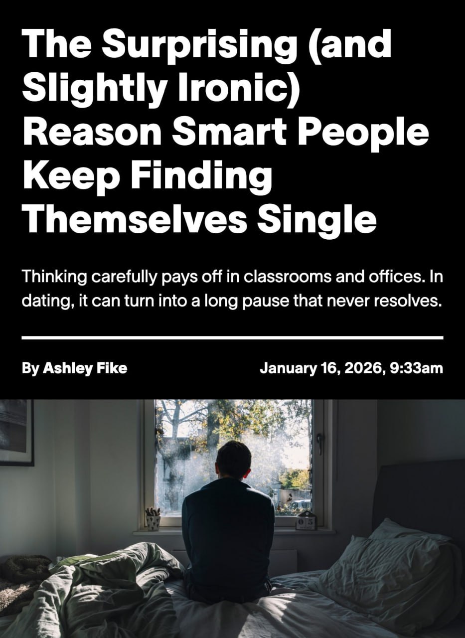 Умные люди чаще оказываются одинокими Специалисты изучили данные 17 тысяч человек и пришли к ошеломляющему выводу более образованные участники исследования чаще оказывались без пары или же страдали в отношениях пишет Vice Все дело в том что они слишком много думают У умных людей реже присутствует импульсивность в основном они руководствуются логикой и трезвым расчетом Также интеллектуалы слишком избирательны и далеко не всегда могут найти партнера под свой запрос   Подпишитесь на Абзац TG VK Дзен MAX Rutube