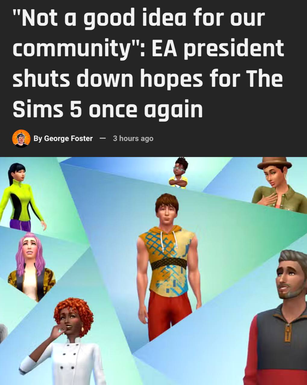 The Sims 5 не будет — об этом официально заявили в Electronic Arts.    Причина — 85 контент‑паков, выпущенных за 10 лет для The Sims 4. Перенос такого объёма контента в новую игру попросту невозможен.   В EA уверены: начать всё с нуля — значит потерять многолетний прогресс и разочаровать миллионы игроков.   Вместо этого компания сосредоточится на поддержке четвёртой части и разработке мультиплеерного Project Rene, релиз которого ожидается не раньше 2026 года.