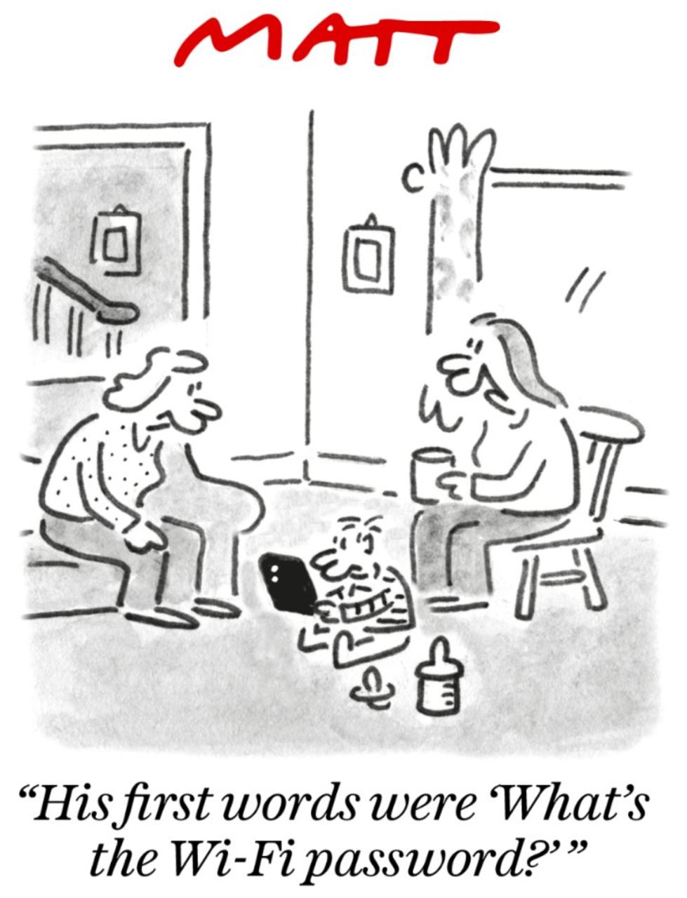 В Британии сейчас вовсю дебатируется вопрос о запрете социальных сетей для детей до 16 лет по примеру Австралии В этой связи The Daily Telegraph рисует такую иллюстрацию Его первыми словами было Какой пароль о вай фай